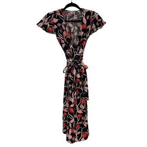 Draper James Black Floral 100% Linen Wrap Midi Dress Size 0